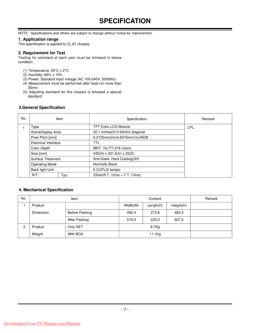 LG Electronics 20LC1R-ZG Application range, Requirement for Test, General Specification, Mechanical Specification 