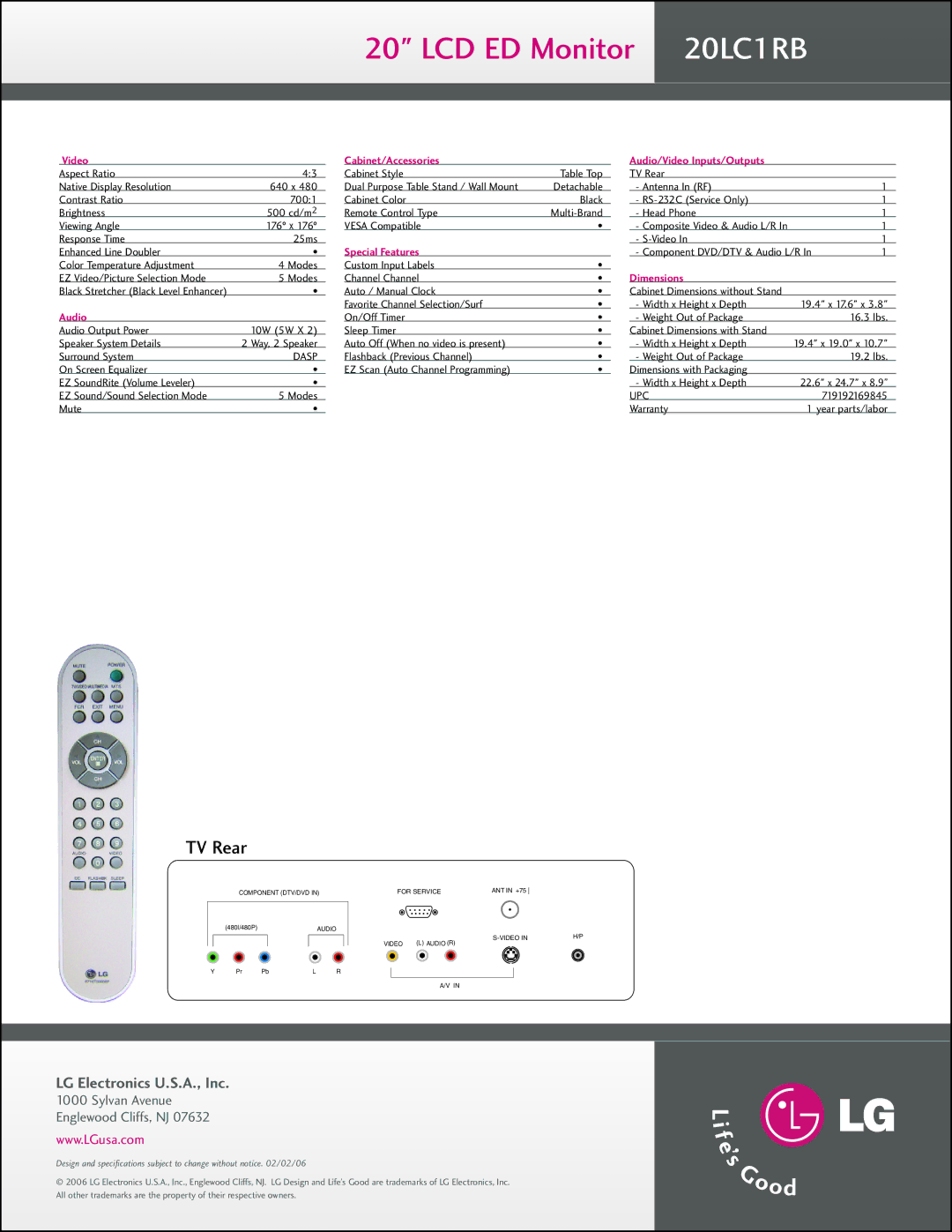 LG Electronics 20LC1RB manual TV Rear, LG Electronics U.S.A., Inc 