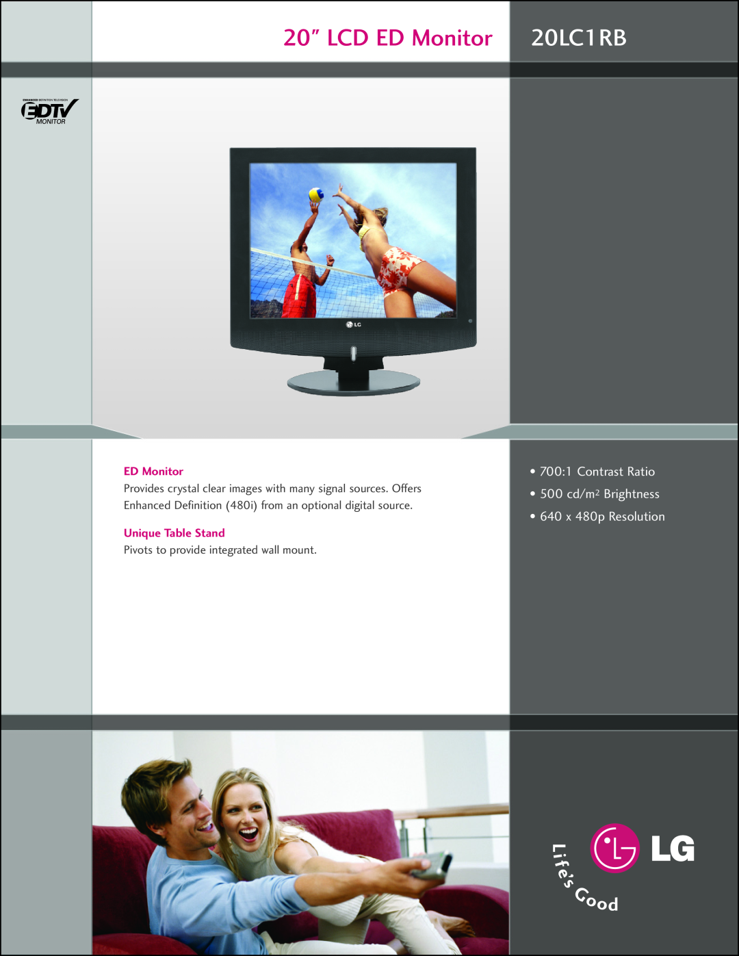 LG Electronics manual LCD ED Monitor 20LC1RB, Contrast Ratio 500 cd/m2 Brightness 640 x 480p Resolution 