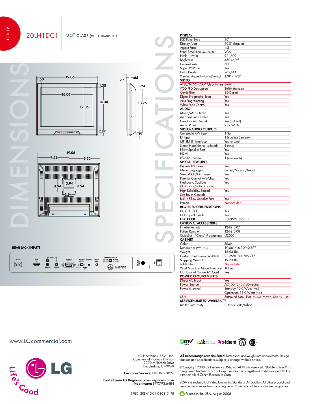 LG Electronics 20LH1DC Rear Jack Inputs, Display, Video, Audio, VIDEO/AUDIO Outputs, Special Features, UPC Code, Cabinet 