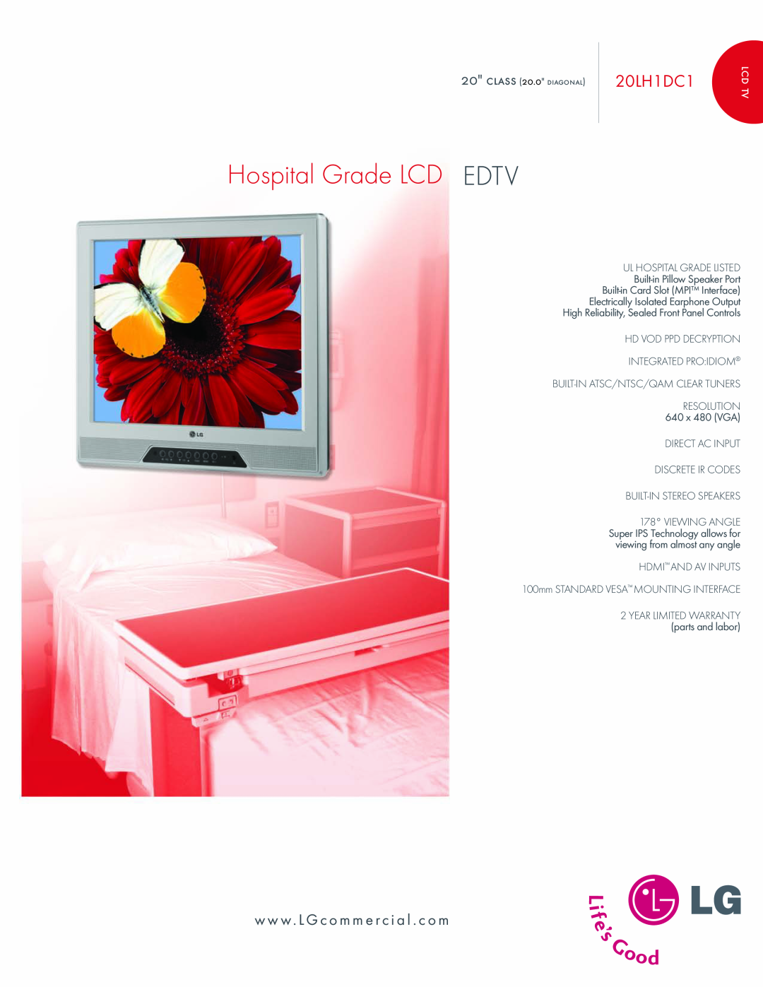 LG Electronics warranty lcd tv, class 20.0 diagonal, Hospital Grade LCD EDTV, 20LH1DC1, ww w.L Gcomm erci al. com 