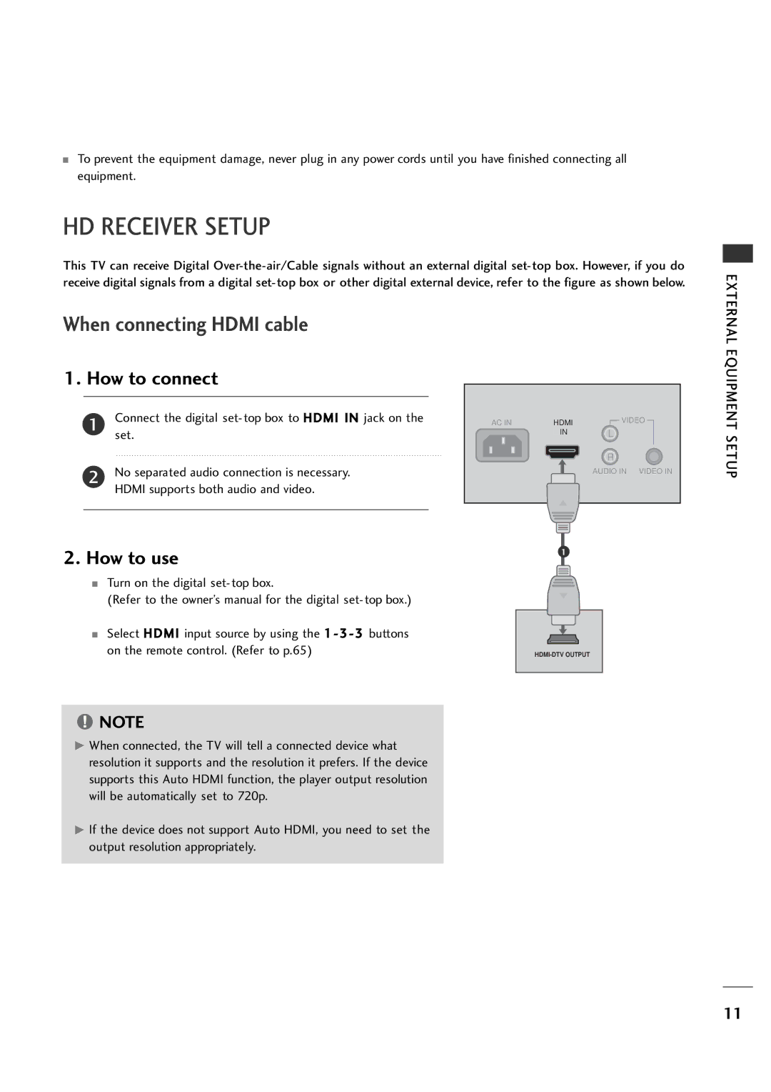 LG Electronics 20LH1DC1 manual HD Receiver Setup, Equipment Setup, Connect the digital set-top box to H DMI in jack on Set 