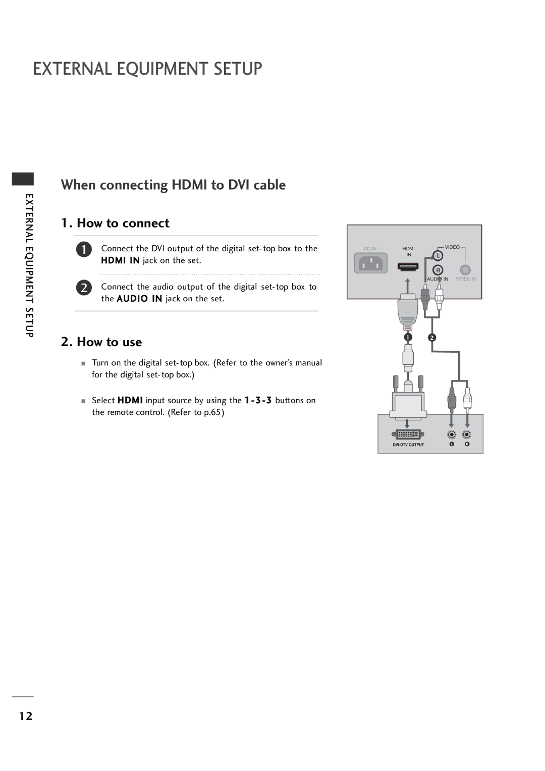 LG Electronics 20LH1DC1 manual External Equipment Setup, Connect the DVI output of the digital set-top box to 