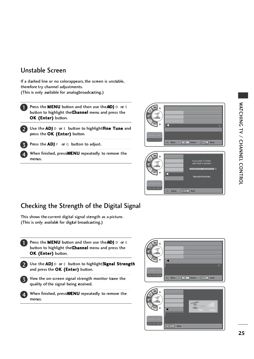 LG Electronics 20LH1DC1 manual Unstable Screen, Checking the Strength of the Digital Signal 