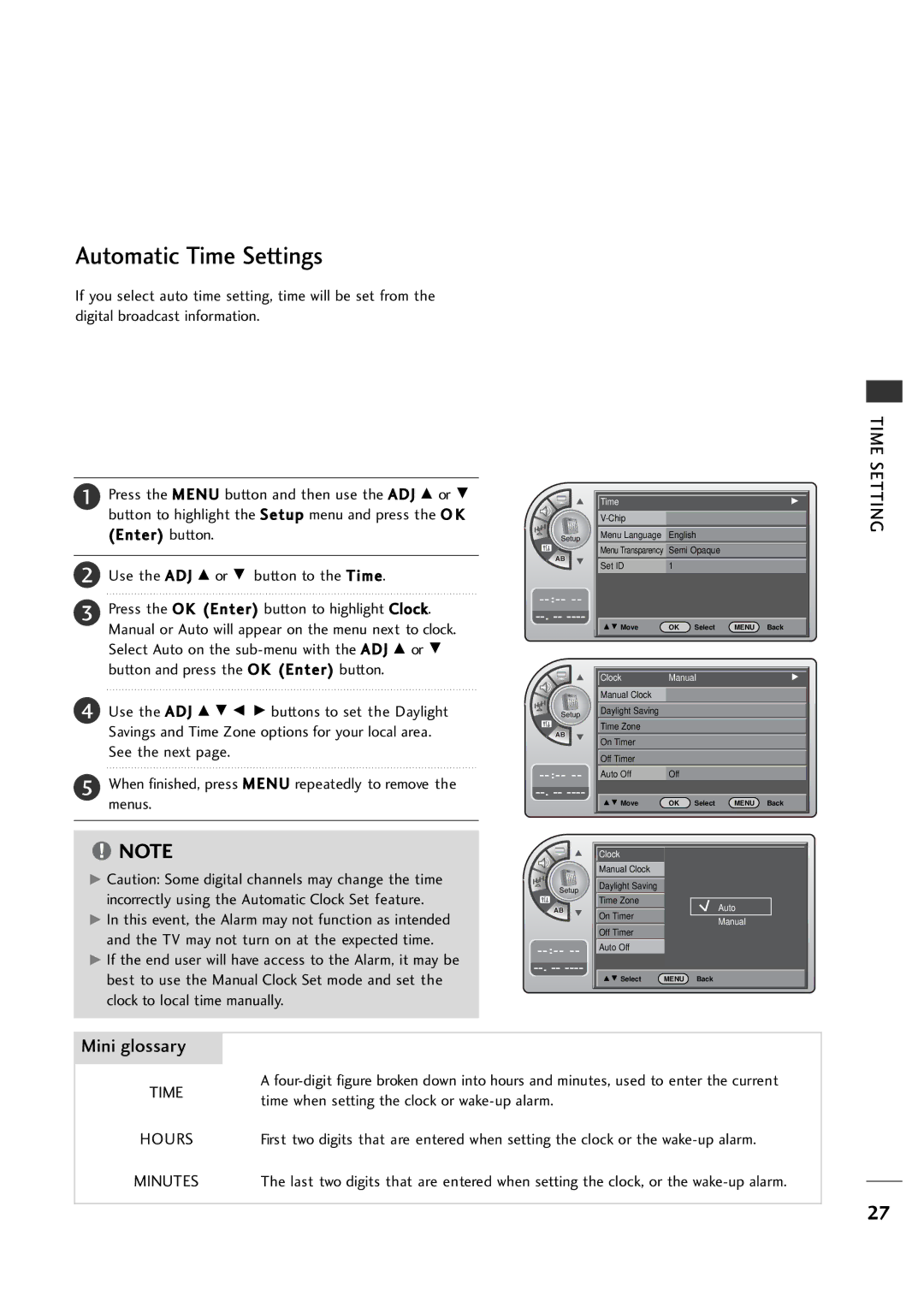 LG Electronics 20LH1DC1 manual Automatic Time Settings, Time Hours Minutes 