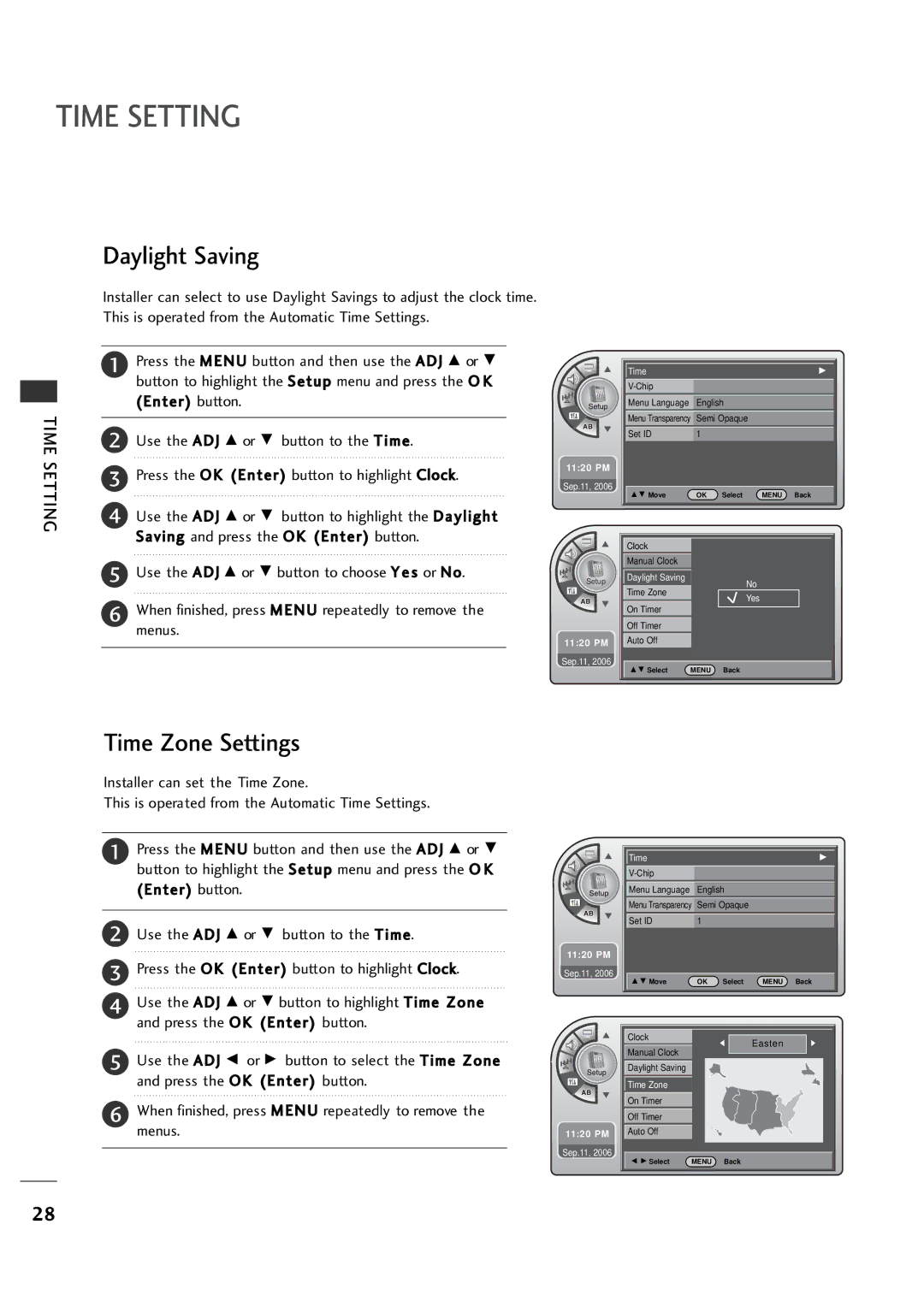 LG Electronics 20LH1DC1 manual Time Setting, Daylight Saving, Time Zone Settings 