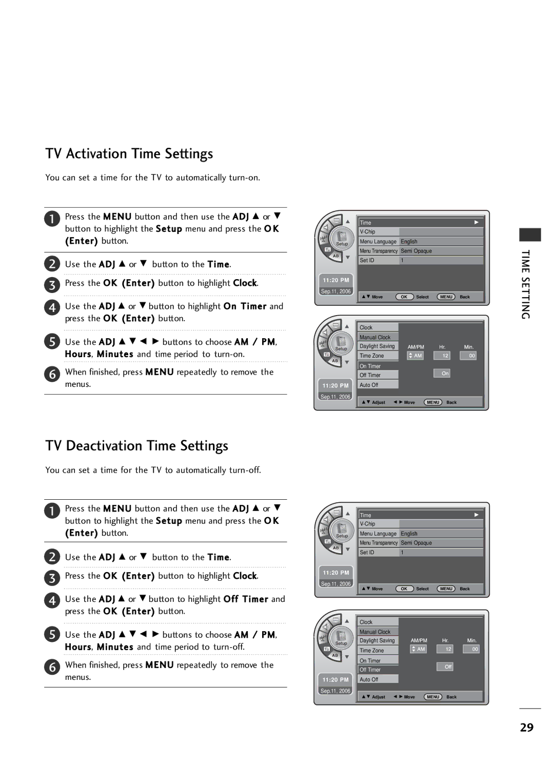 LG Electronics 20LH1DC1 manual TV Activation Time Settings, TV Deactivation Time Settings 