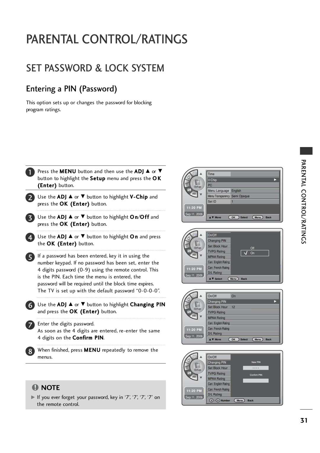 LG Electronics 20LH1DC1 manual Parental CONTROL/RATINGS, SET Password & Lock System, Entering a PIN Password 