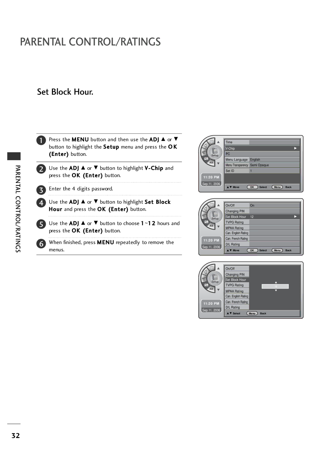 LG Electronics 20LH1DC1 manual Parental CONTROL/RATINGS, Set Block Hour 