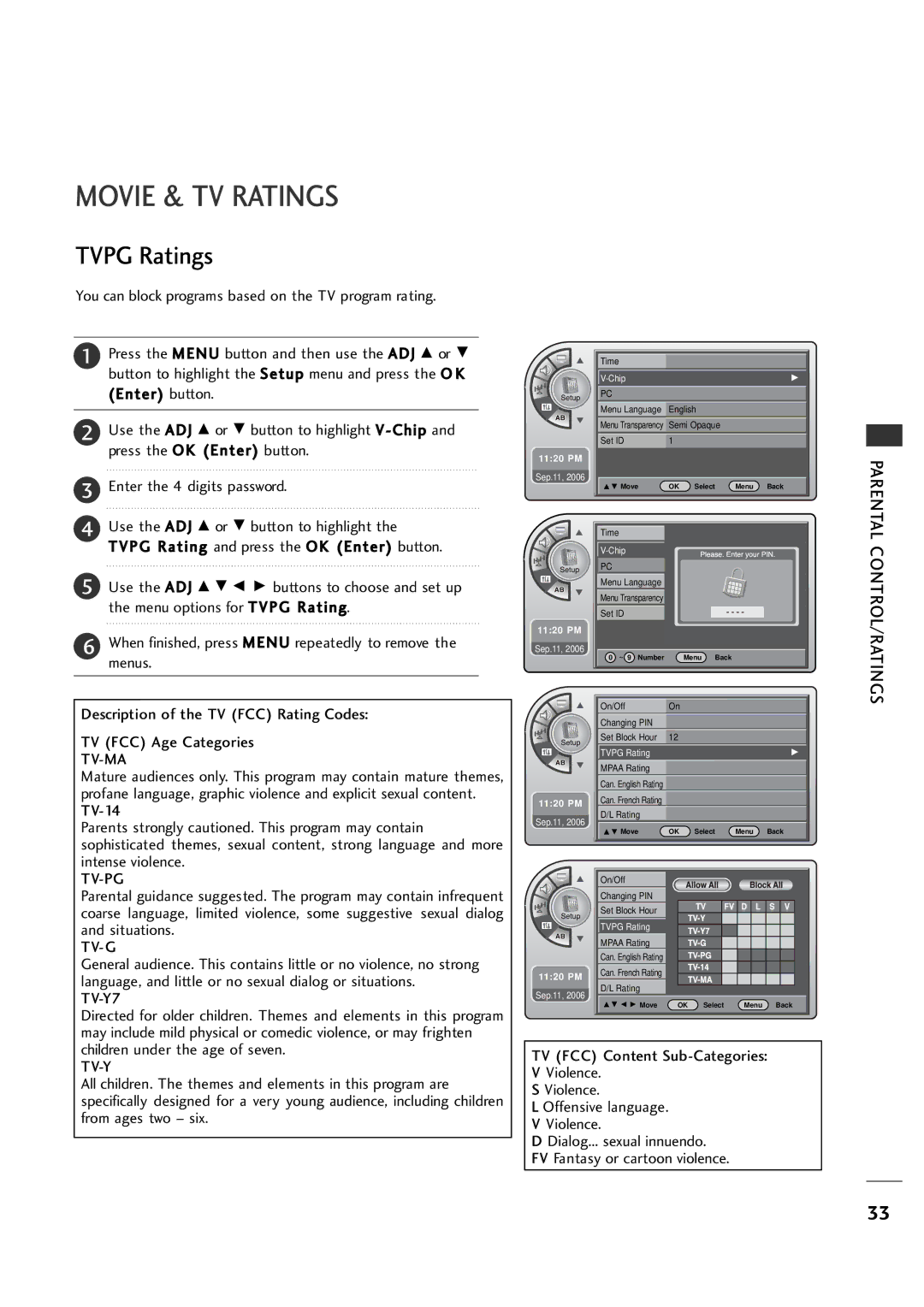 LG Electronics 20LH1DC1 manual Movie & TV Ratings, Tvpg Ratings 