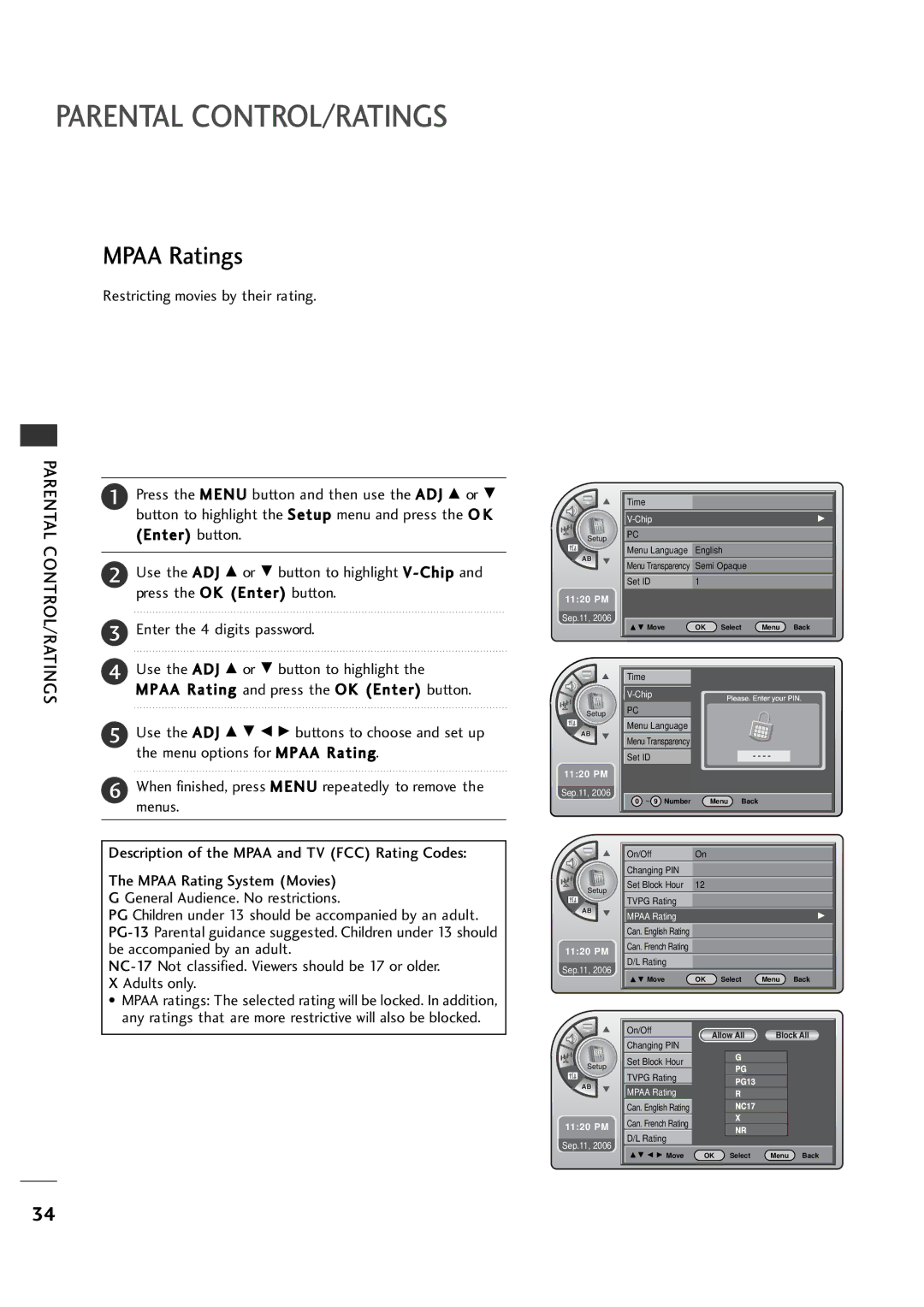 LG Electronics 20LH1DC1 Mpaa Ratings, Restricting movies by their rating, Description of the Mpaa and TV FCC Rating Codes 