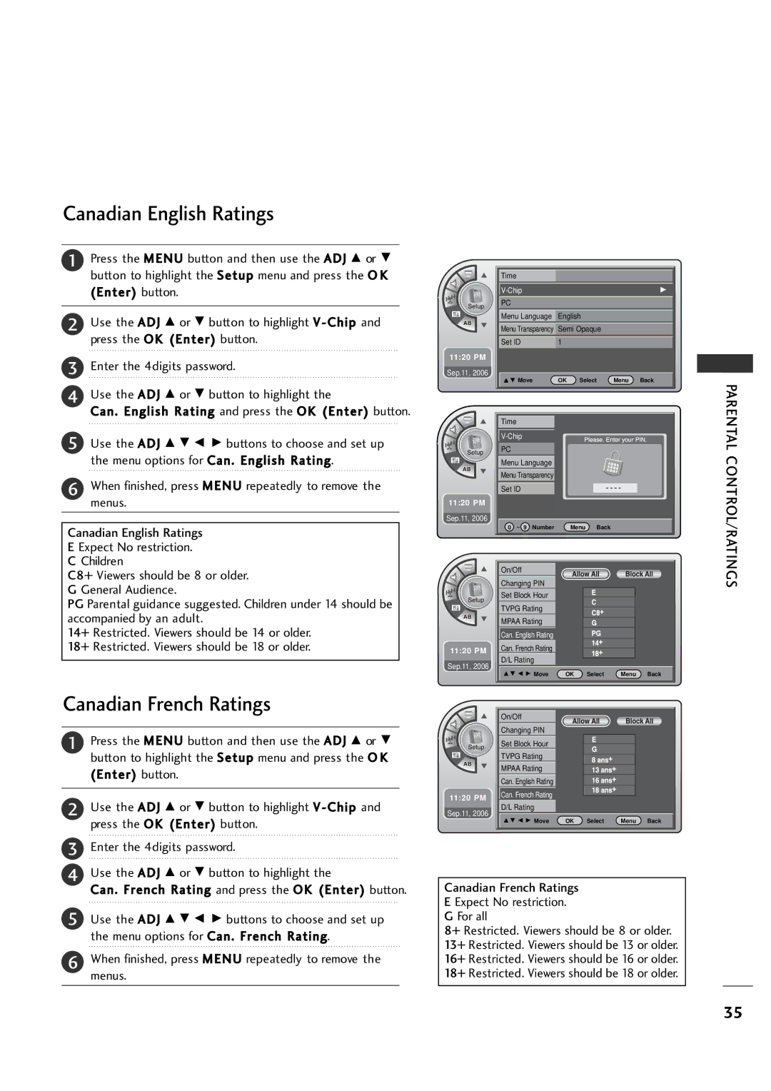 LG Electronics 20LH1DC1 manual Canadian English Ratings, Canadian French Ratings 