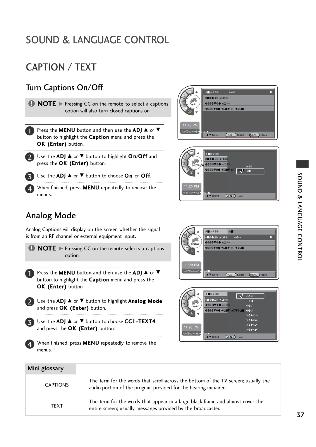 LG Electronics 20LH1DC1 manual Sound & Language Control, Caption / Text, Turn Captions On/Off 