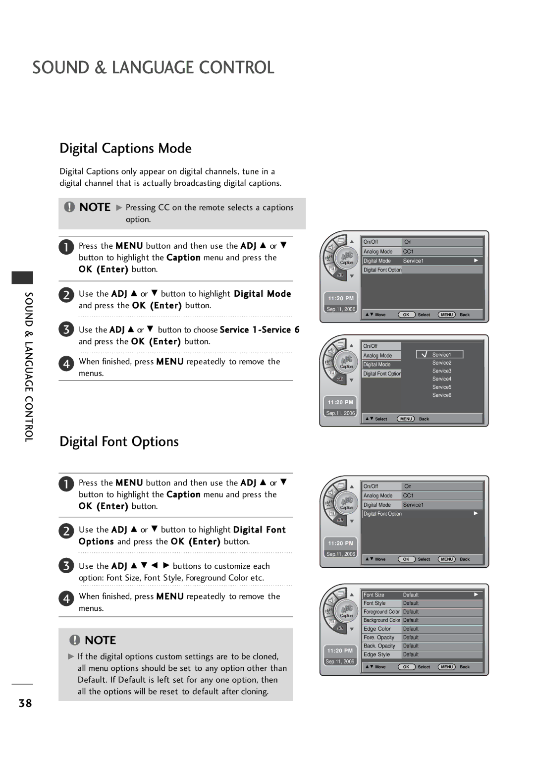 LG Electronics 20LH1DC1 manual Digital Captions Mode, Digital Font Options, Sound & Language Control 