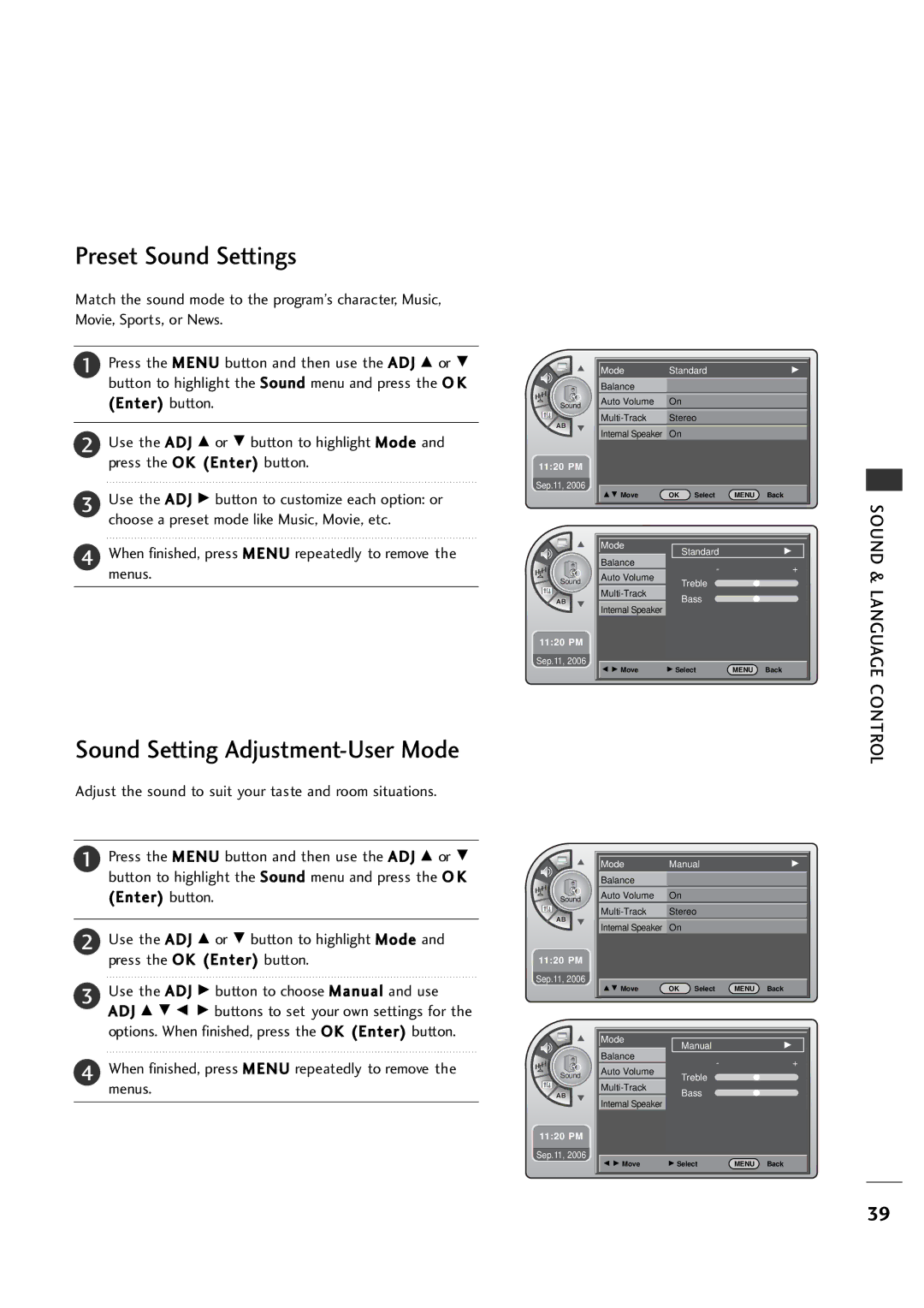 LG Electronics 20LH1DC1 manual Preset Sound Settings, Sound Setting Adjustment-User Mode 