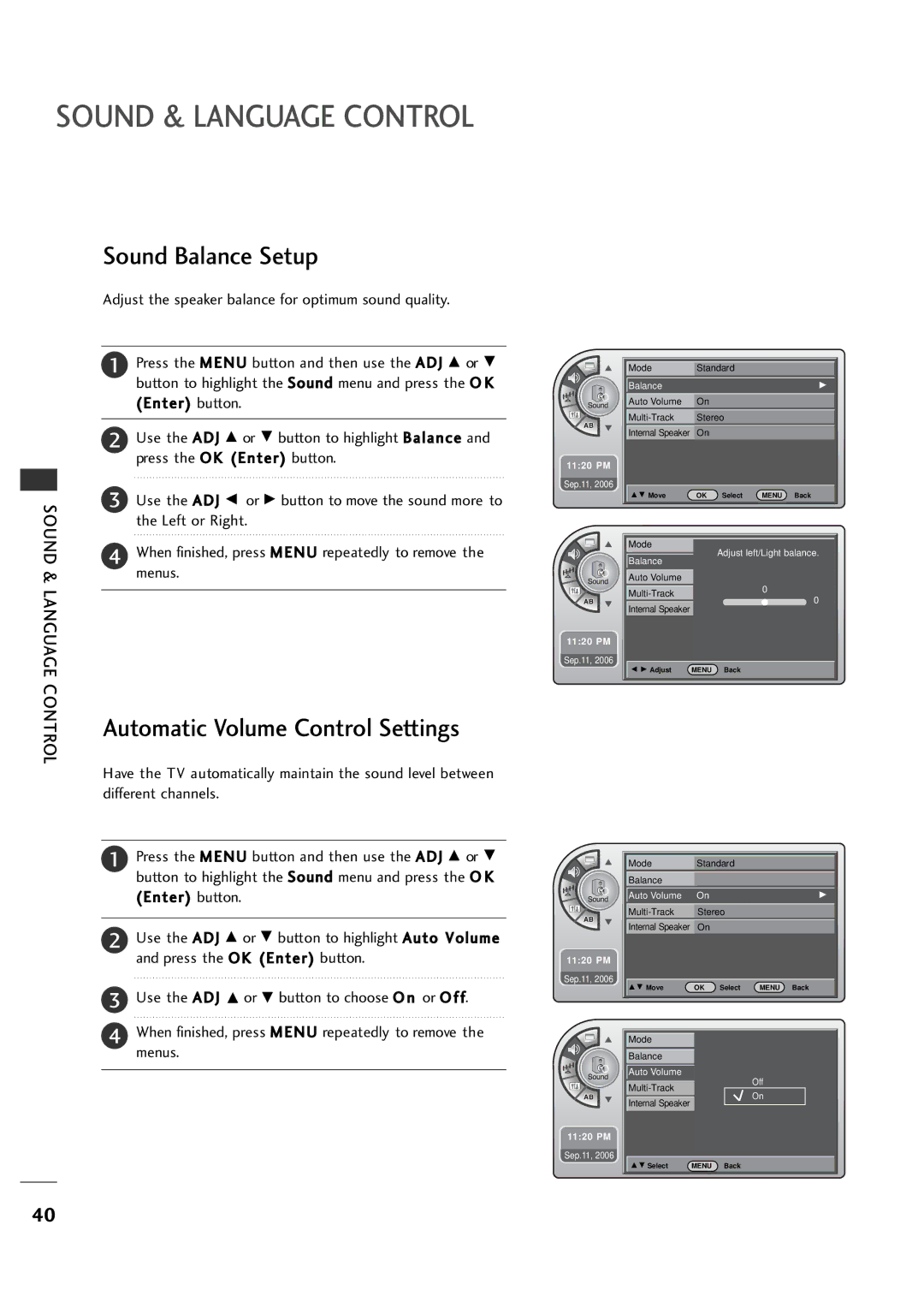 LG Electronics 20LH1DC1 manual Sound Balance Setup, Automatic Volume Control Settings, Language, Left or Right 