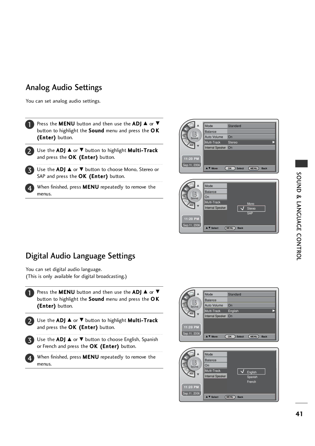 LG Electronics 20LH1DC1 manual Analog Audio Settings, Digital Audio Language Settings 