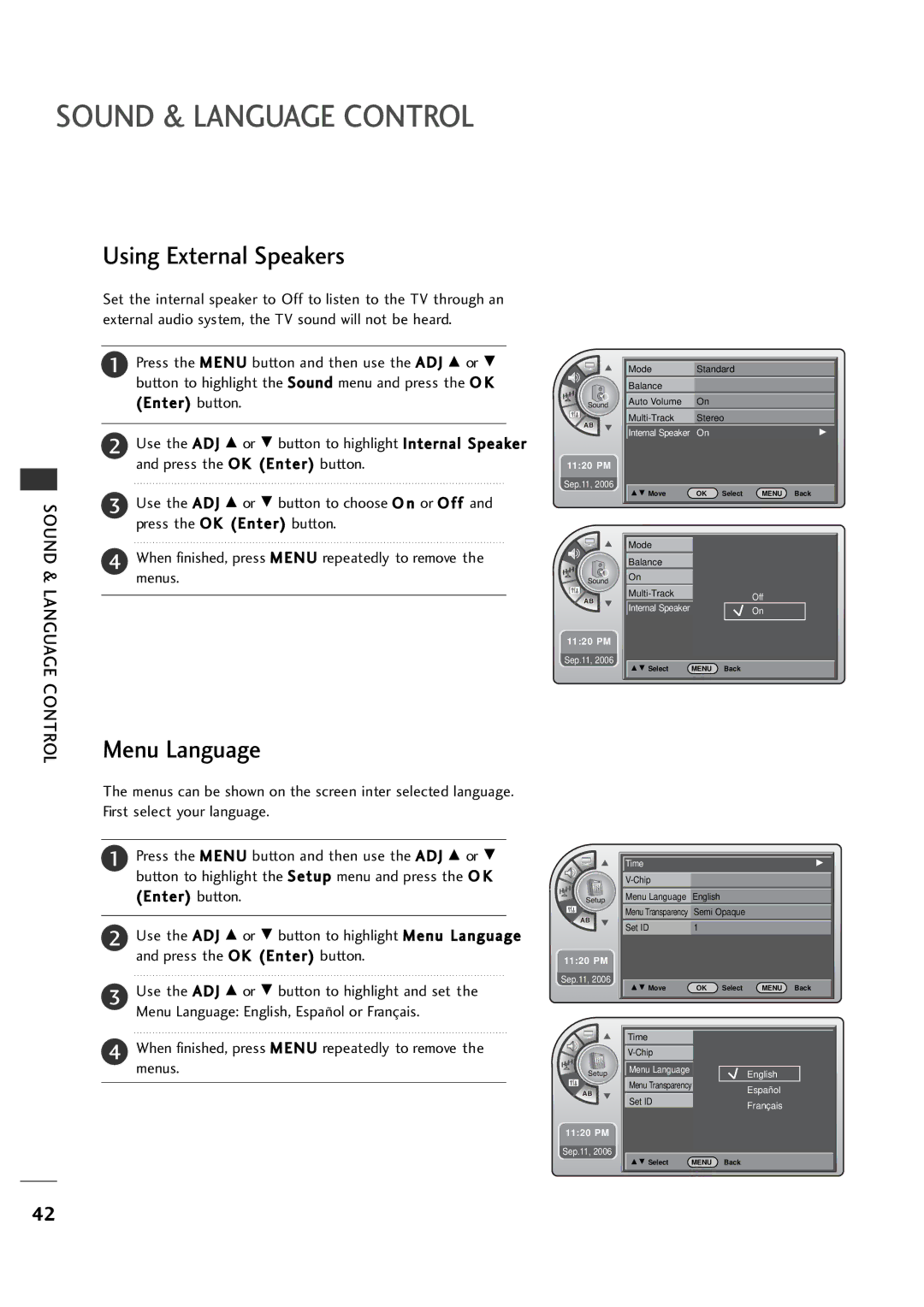 LG Electronics 20LH1DC1 manual Using External Speakers, Menu Language 