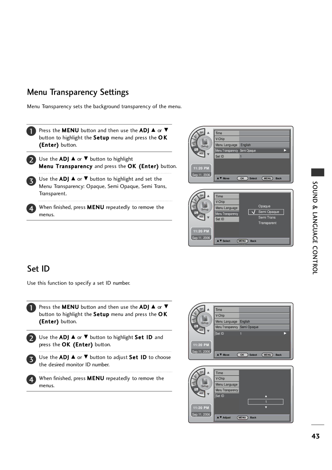 LG Electronics 20LH1DC1 manual Menu Transparency Settings, Set ID 