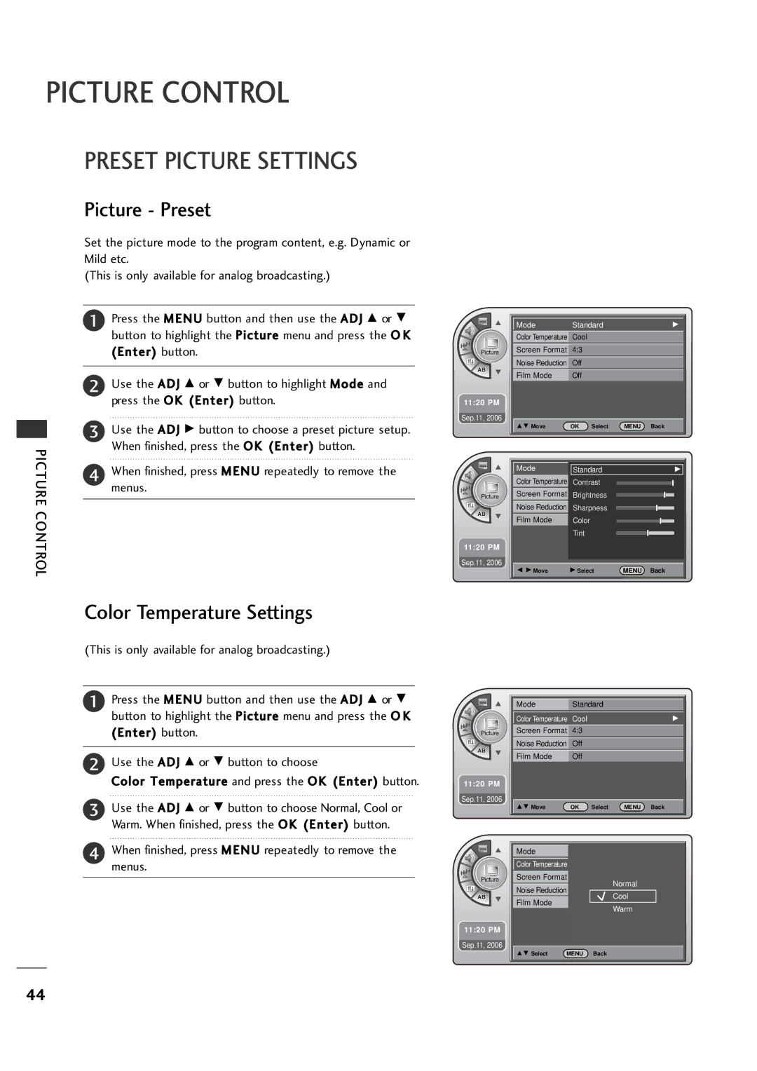 LG Electronics 20LH1DC1 manual Picture Control, Preset Picture Settings, Picture Preset, Color Temperature Settings 