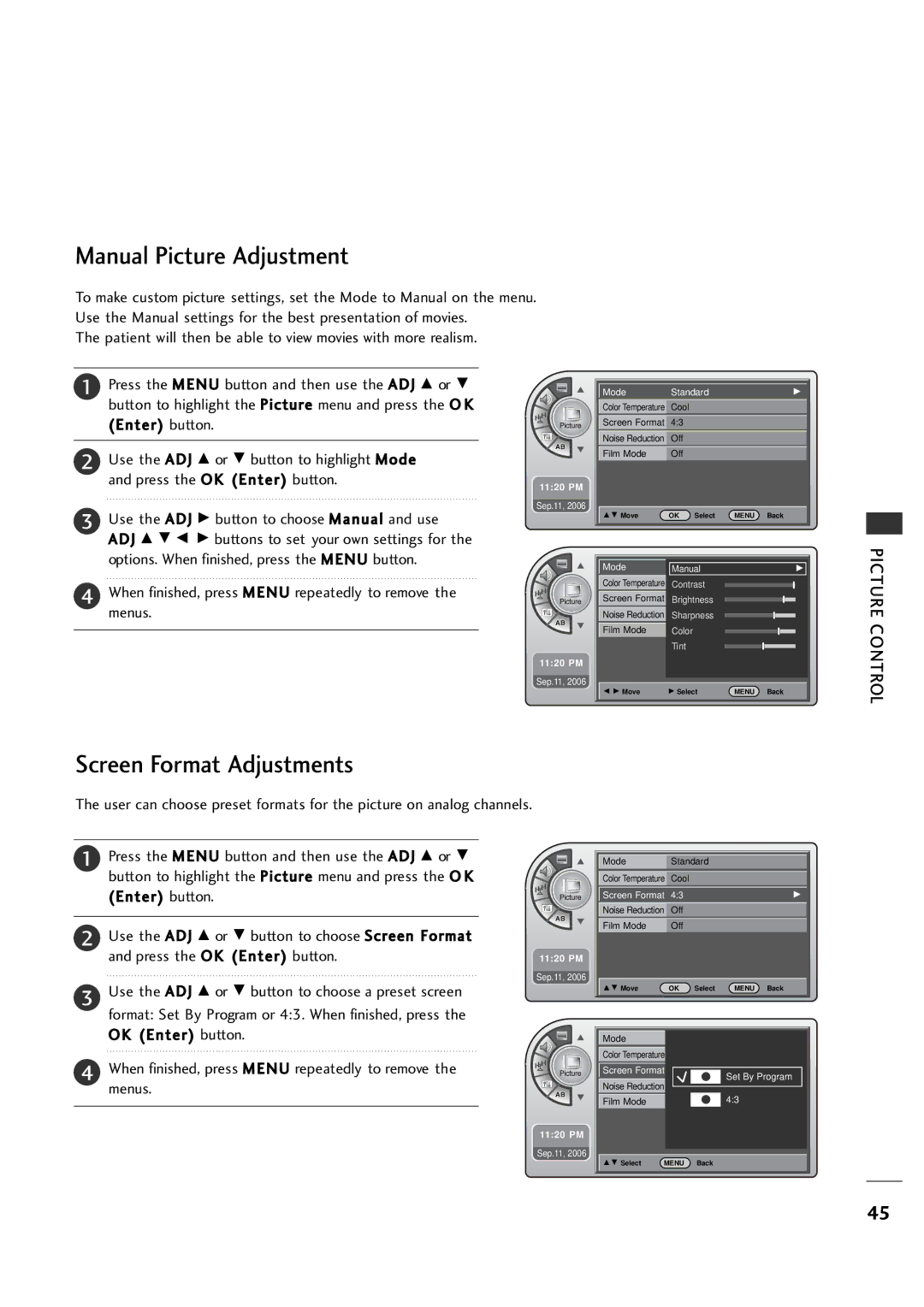 LG Electronics 20LH1DC1 manual Manual Picture Adjustment, Screen Format Adjustments 