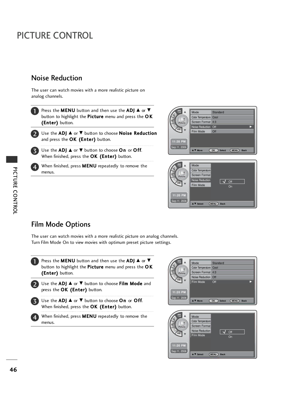 LG Electronics 20LH1DC1 manual Picture Control, Noise Reduction, Film Mode Options 