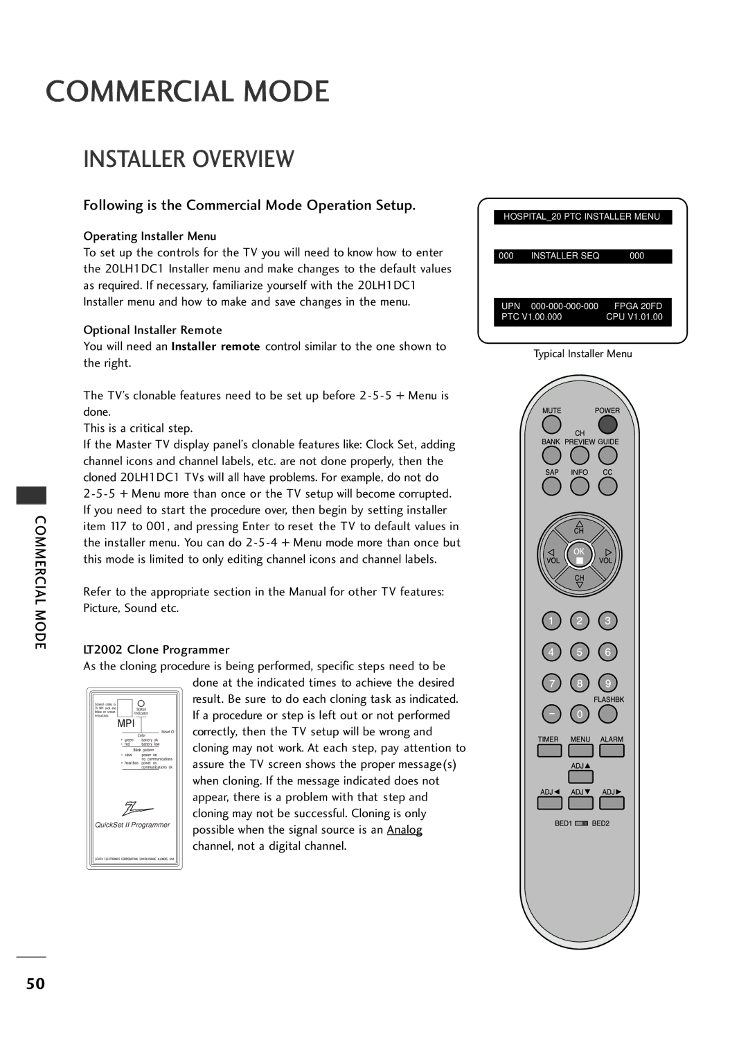 LG Electronics 20LH1DC1 manual Commercial Mode, Installer Overview 