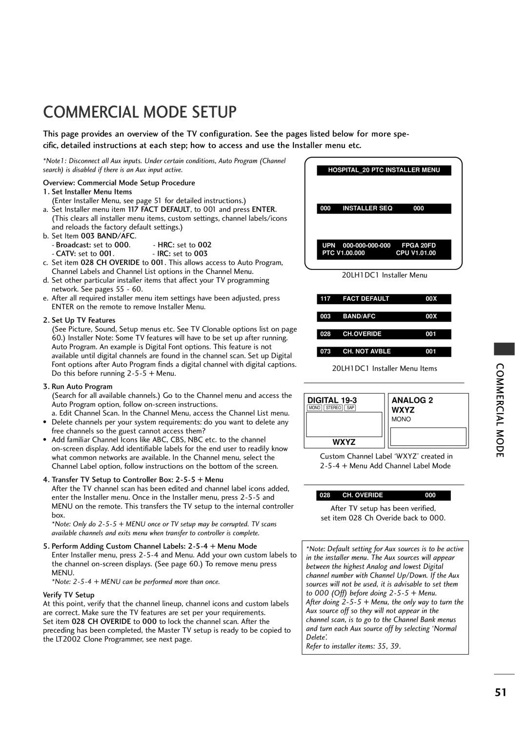 LG Electronics 20LH1DC1 manual Commercial Mode Setup, Catv set to IRC set to 