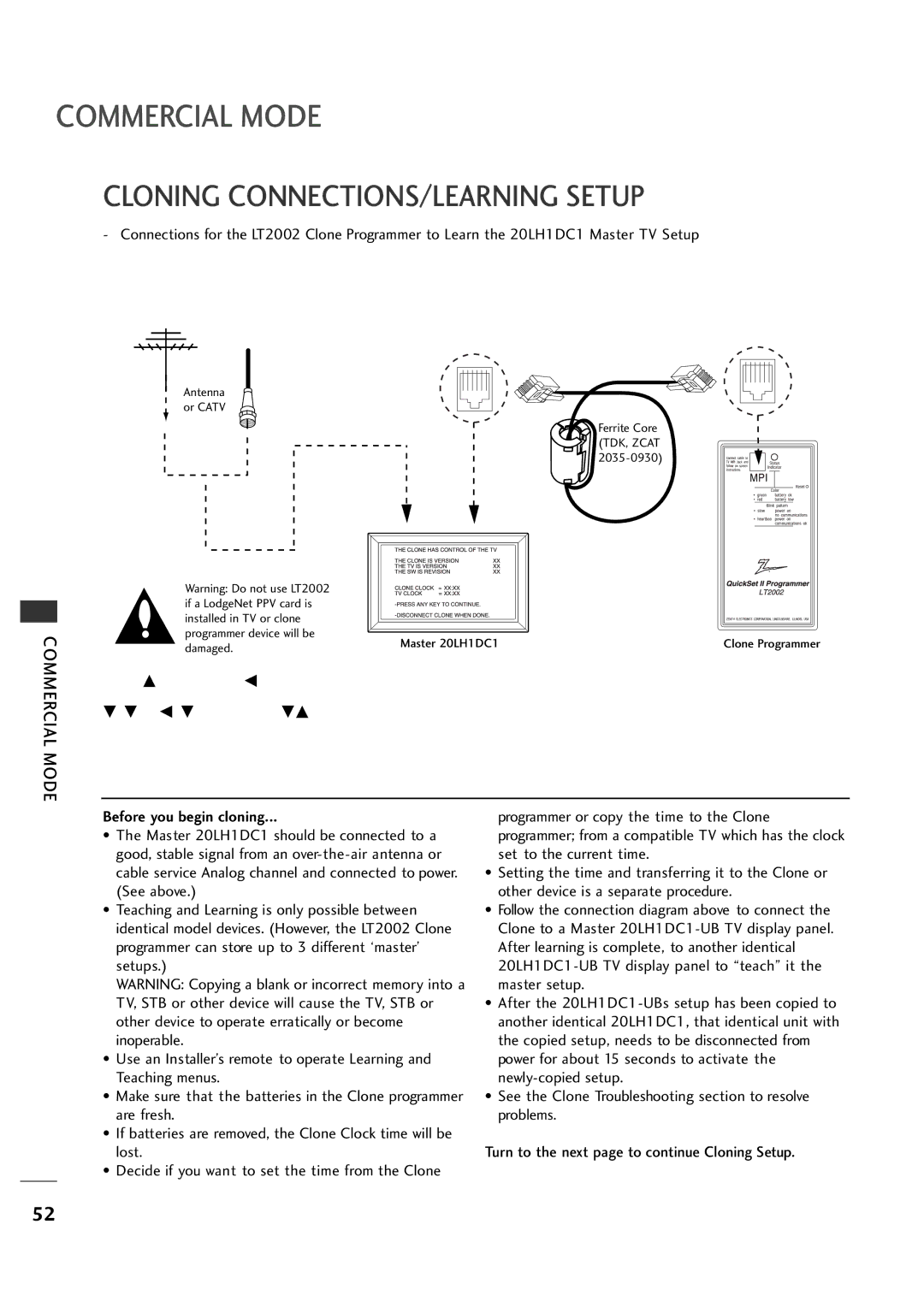 LG Electronics 20LH1DC1 manual Commercial Mode, Cloning CONNECTIONS/LEARNING Setup 