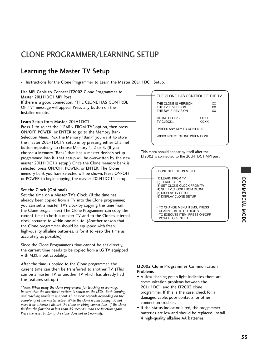 LG Electronics 20LH1DC1 manual Clone PROGRAMMER/LEARNING Setup, Learning the Master TV Setup 