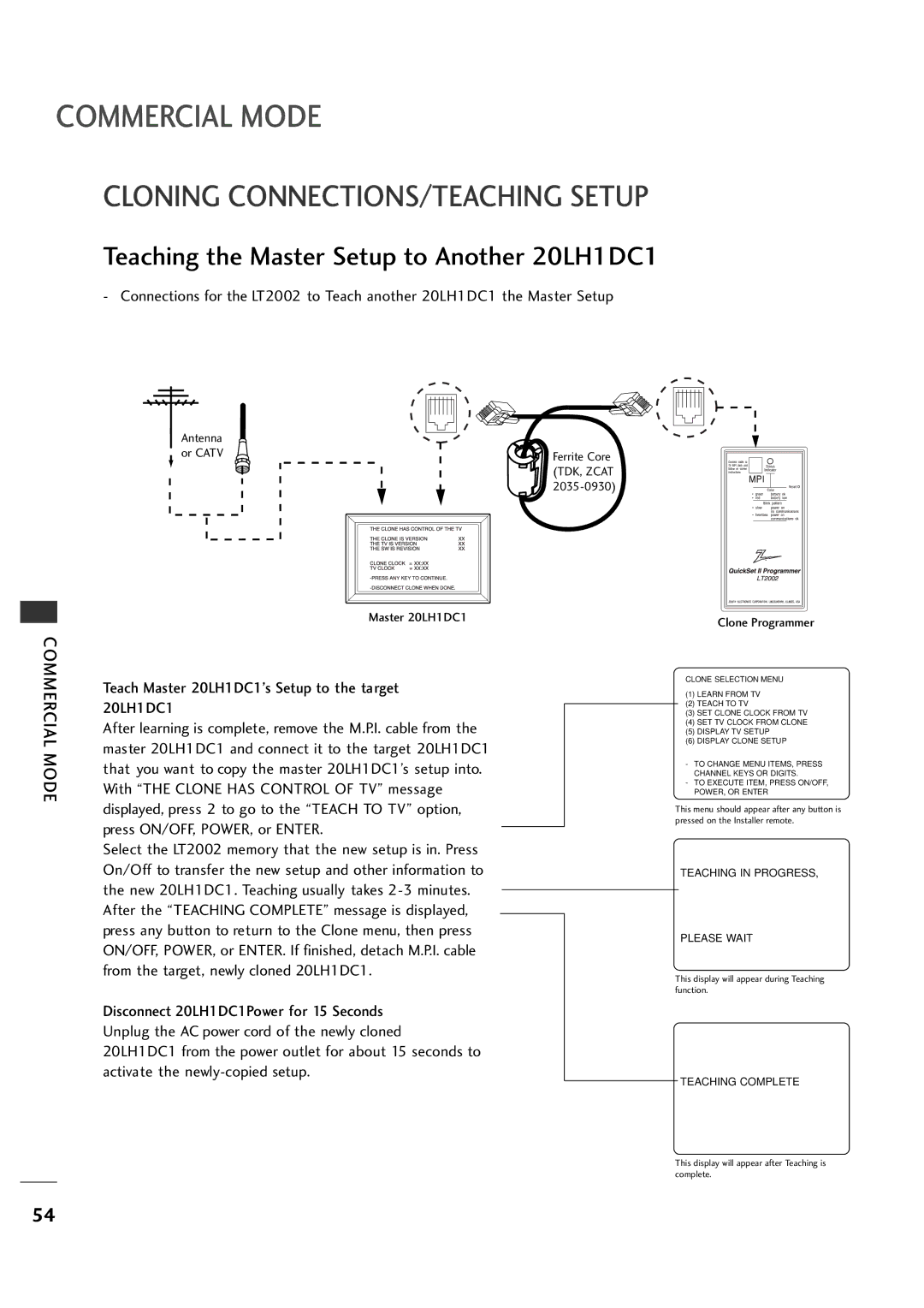 LG Electronics manual Cloning CONNECTIONS/TEACHING Setup, Teaching the Master Setup to Another 20LH1DC1 