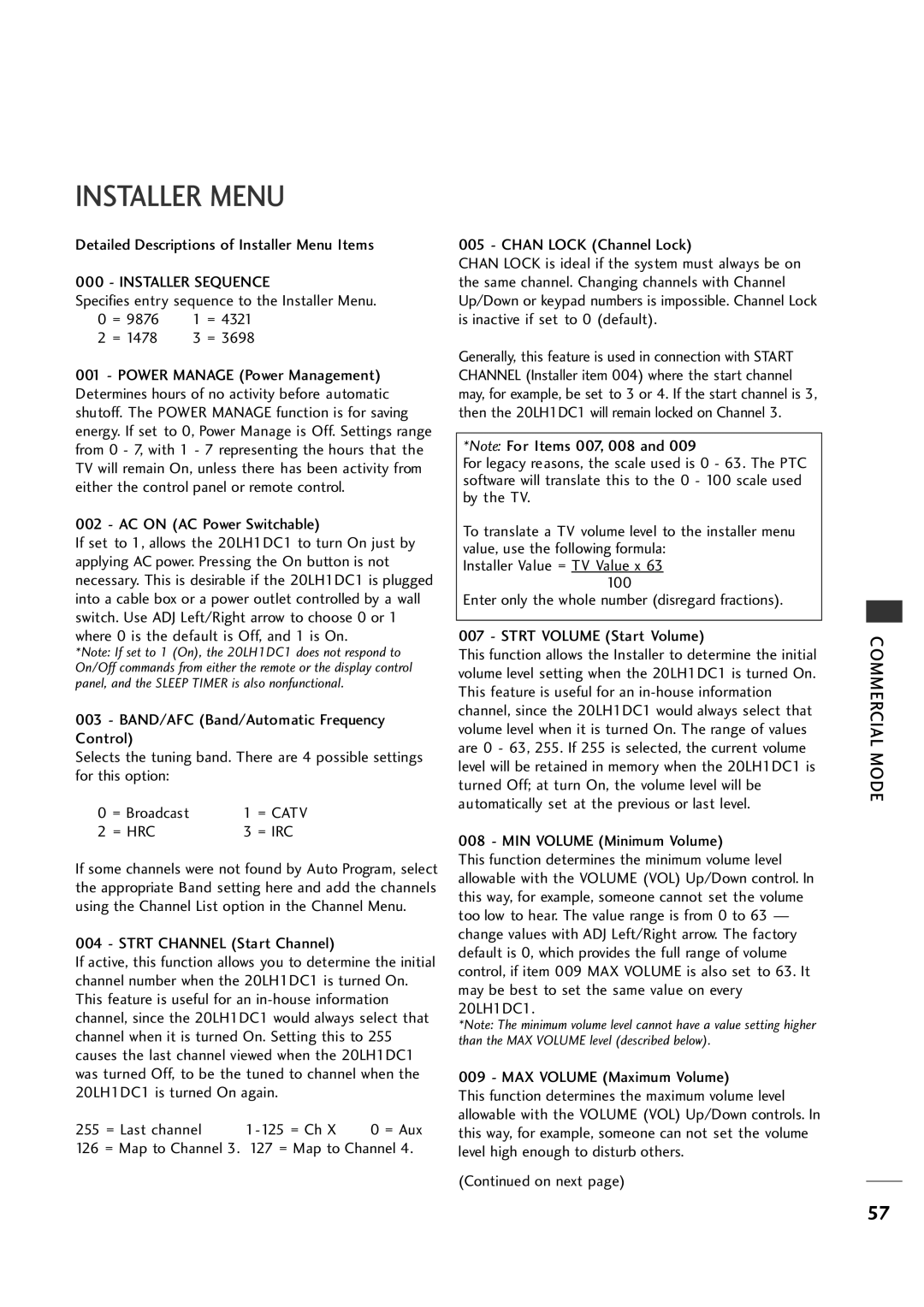 LG Electronics 20LH1DC1 manual Detailed Descriptions of Installer Menu Items, Installer Sequence, = Hrc, = Irc 