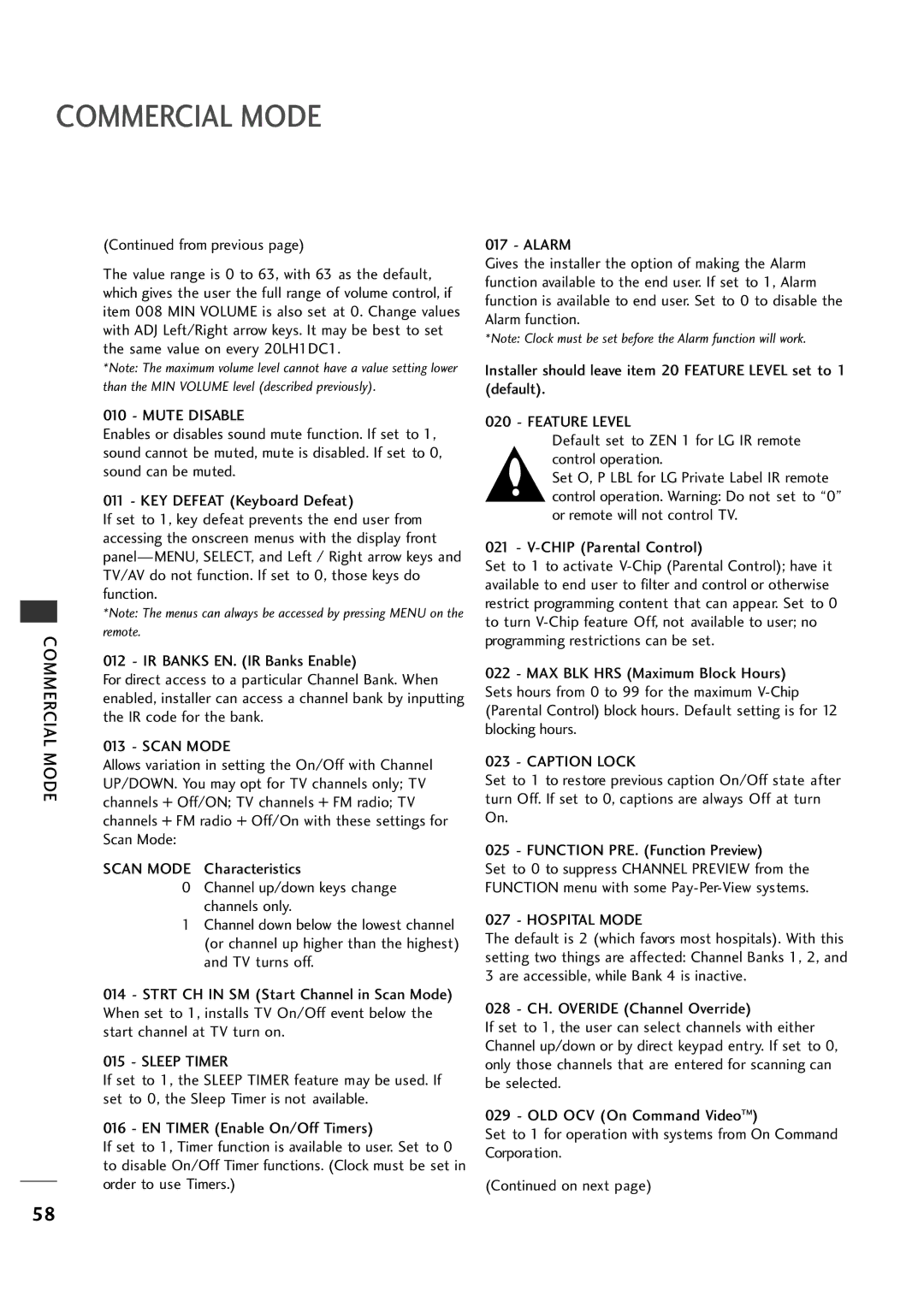 LG Electronics 20LH1DC1 manual Mute Disable, Scan Mode, Sleep Timer, Feature Level, Caption Lock, Hospital Mode 