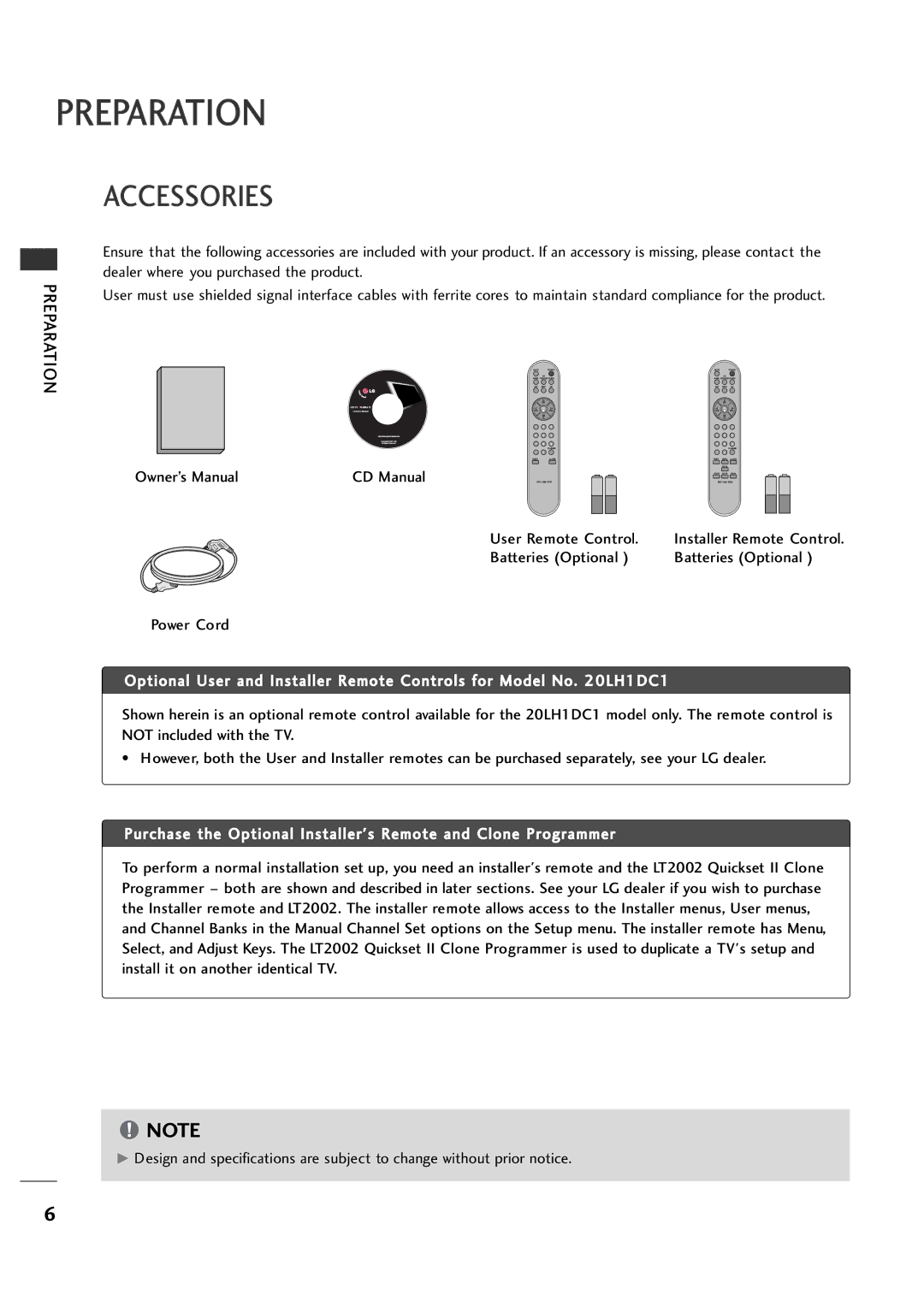 LG Electronics 20LH1DC1 manual Preparation, Accessories 