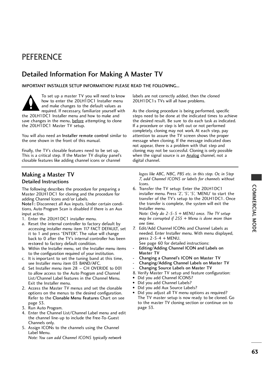 LG Electronics 20LH1DC1 manual Detailed Information For Making a Master TV 