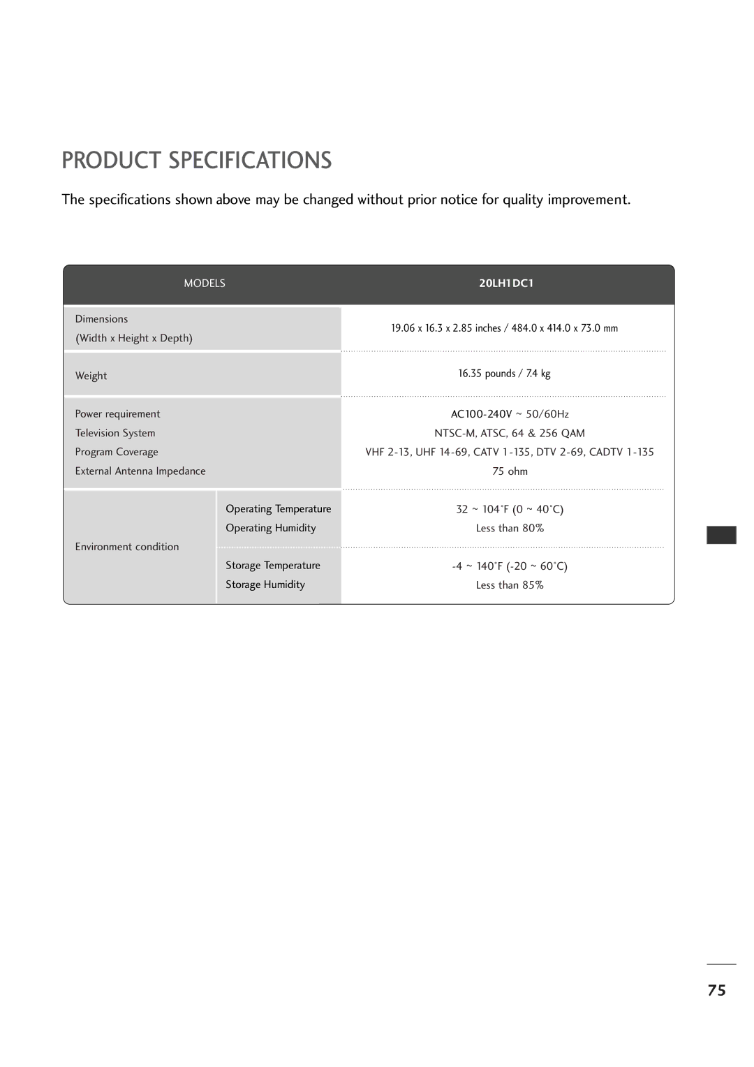 LG Electronics 20LH1DC1 manual Product Specifications 