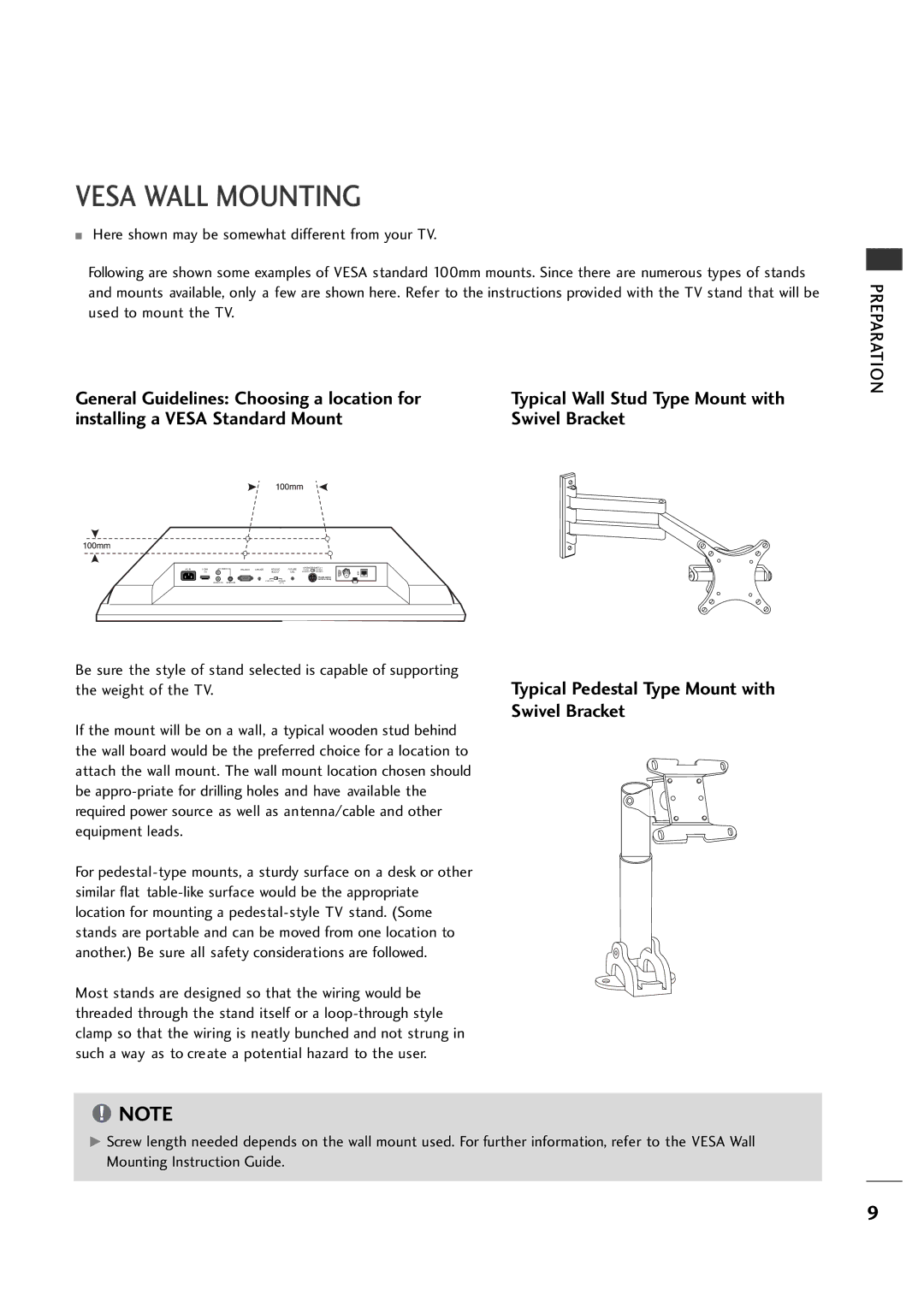 LG Electronics 20LH1DC1 manual Vesa Wall Mounting, Installing a Vesa Standard Mount Swivel Bracket 