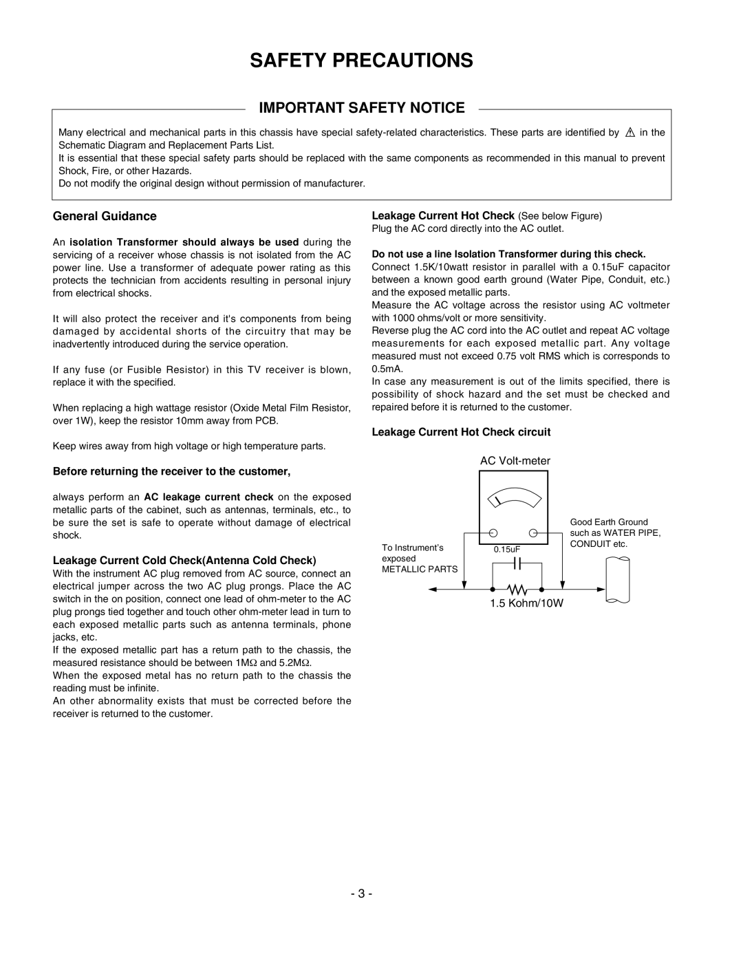 LG Electronics 20LS7D(C)-UB service manual General Guidance, Do not use a line Isolation Transformer during this check 