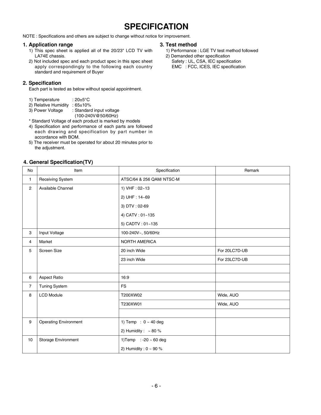 LG Electronics 20LS7D(C)-UB service manual Application range Test method, General SpecificationTV 