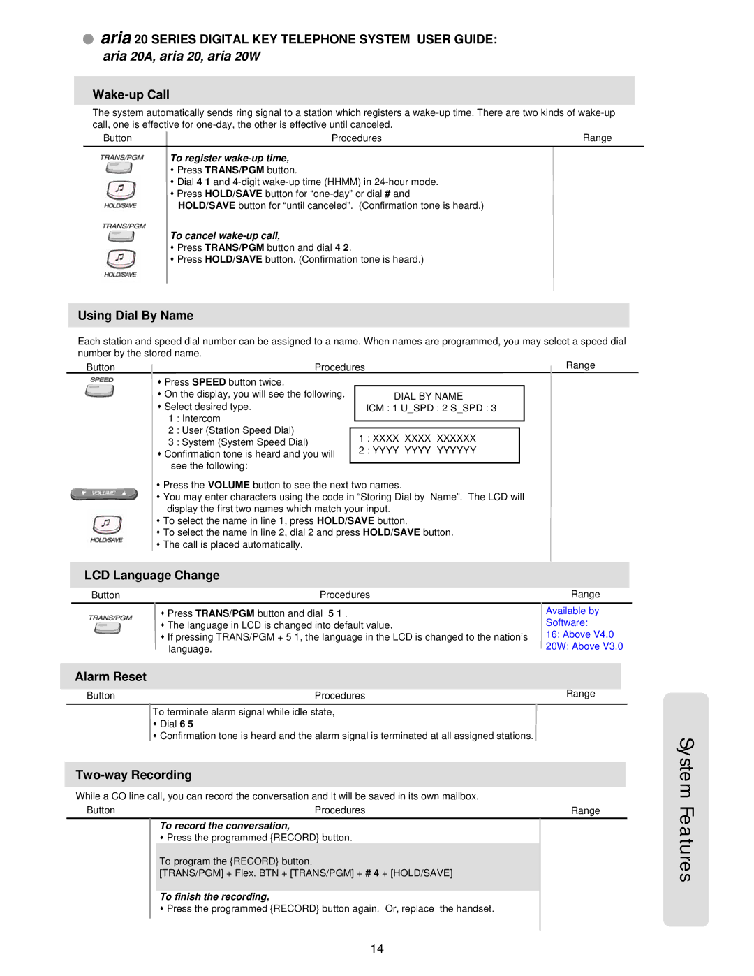 LG Electronics 20A, 20W manual System Features, Using Dial By Name, LCD Language Change, Alarm Reset, Two-way Recording 