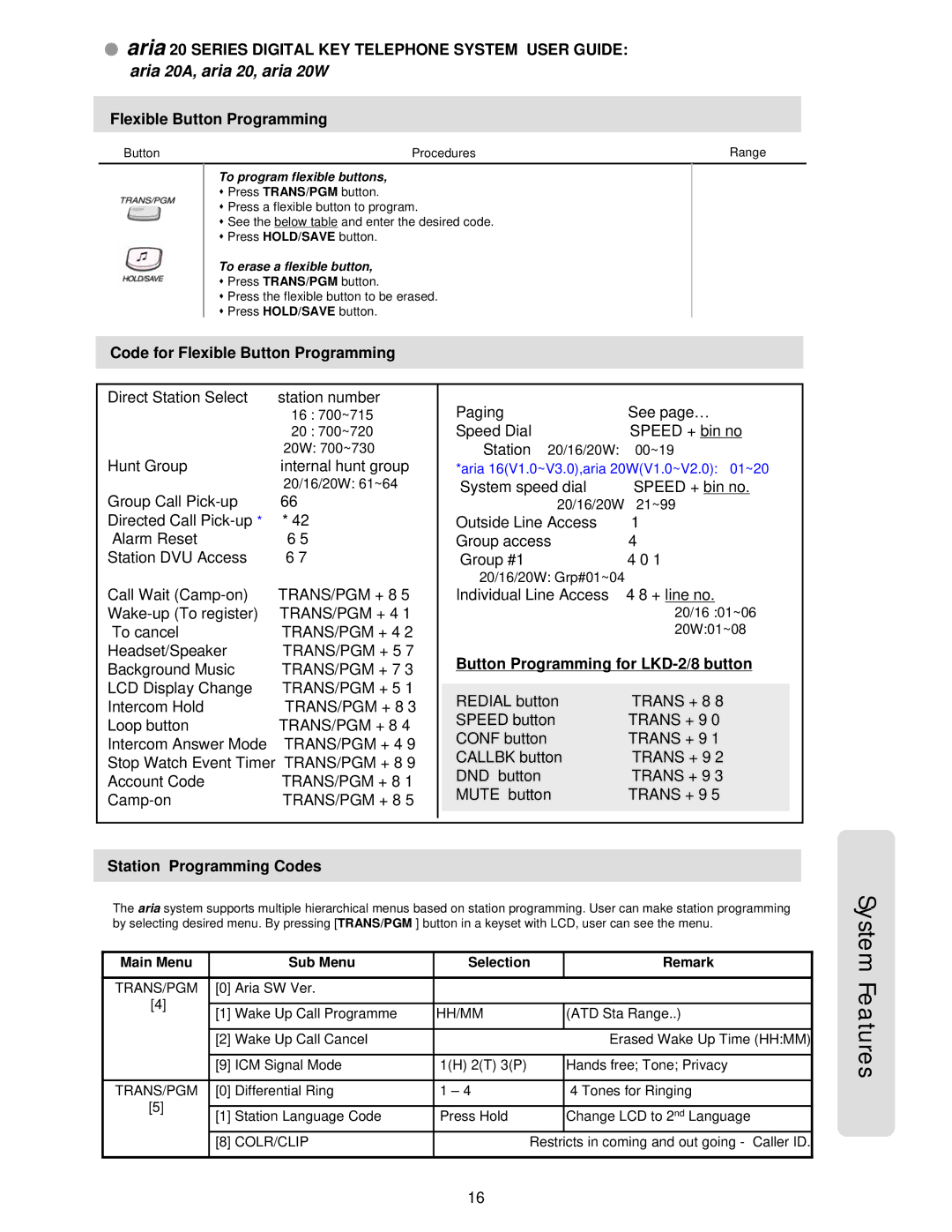 LG Electronics 20A Code for Flexible Button Programming, Button Programming for LKD-2/8 button, Station Programming Codes 