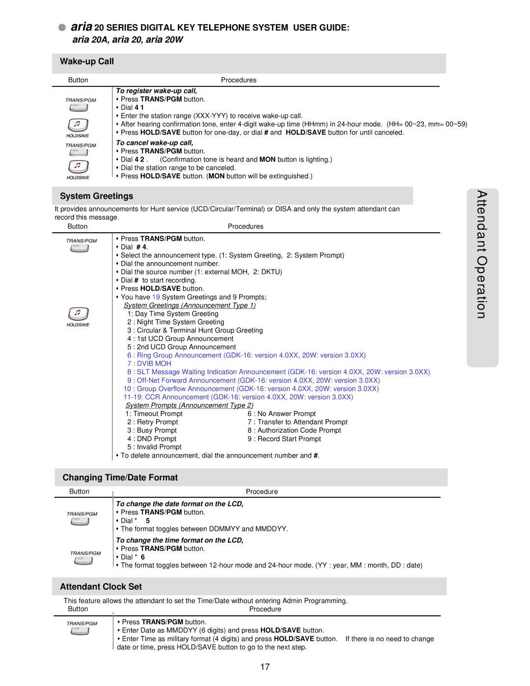 LG Electronics 20W, 20A manual Attendant Operation, System Greetings, Changing Time/Date Format, Attendant Clock Set 