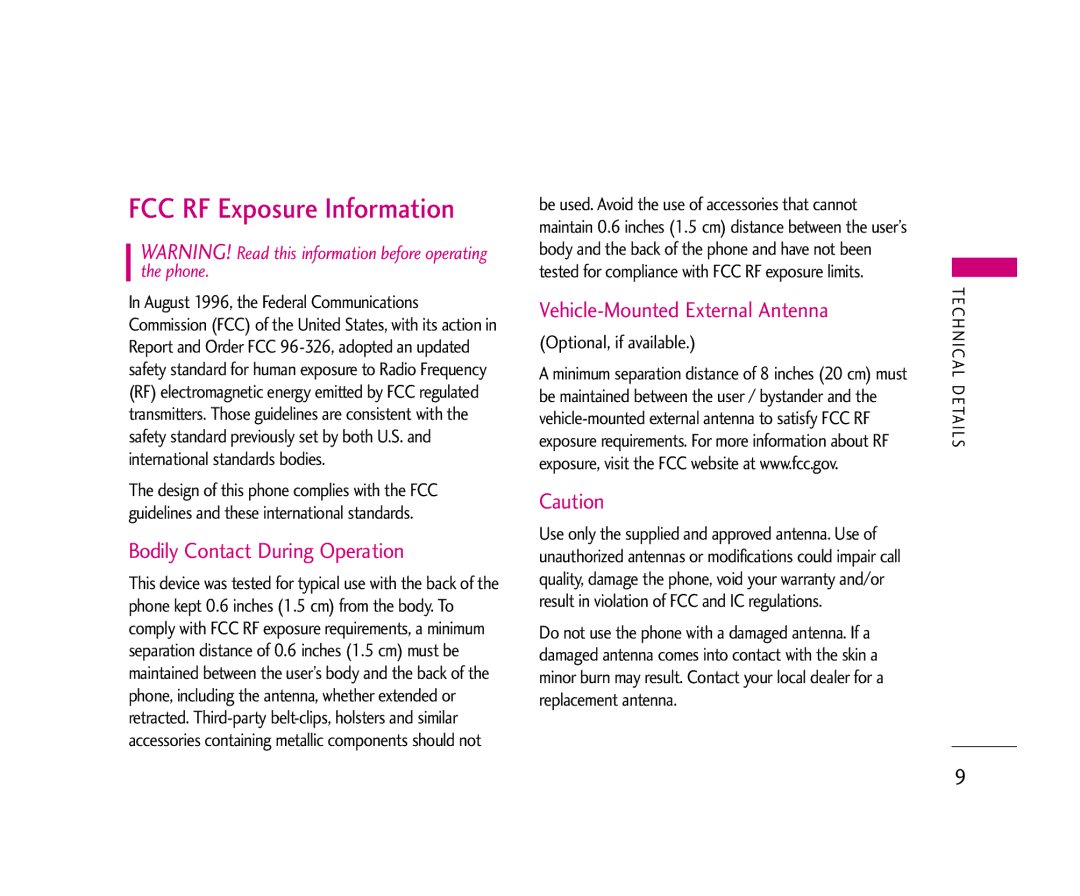 LG Electronics 210 manual Bodily Contact During Operation, Vehicle-Mounted External Antenna, Optional, if available 