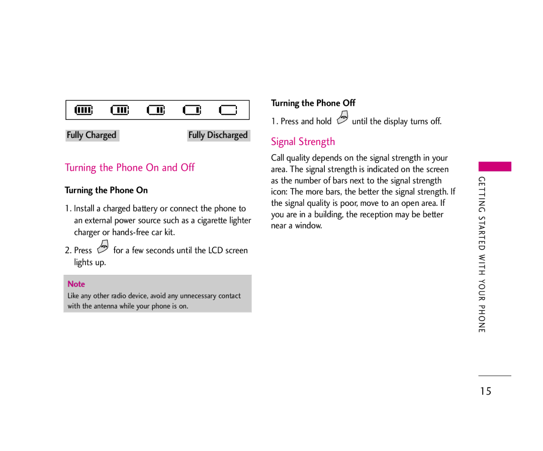 LG Electronics 210 manual Turning the Phone On and Off, Signal Strength, Fully Charged, Turning the Phone Off 