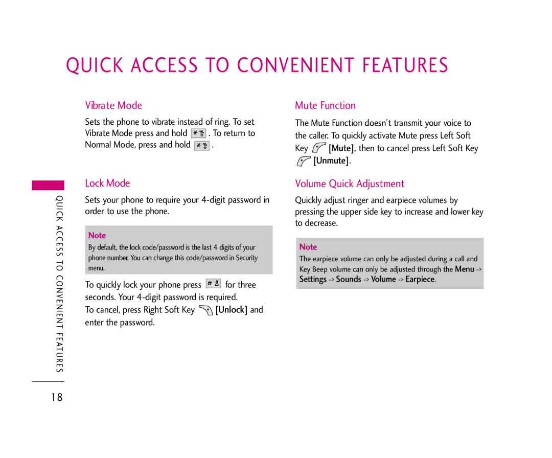 LG Electronics 210 manual Vibrate Mode, Mute Function, Lock Mode, Volume Quick Adjustment, Unmute 