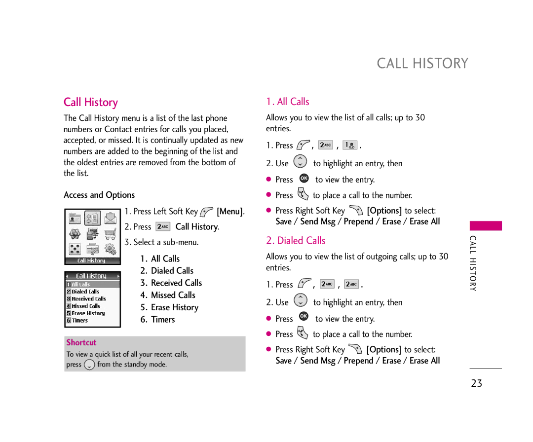 LG Electronics 210 manual All Calls, Press Call History 