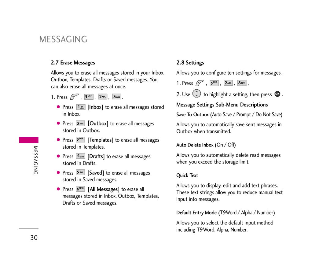 LG Electronics 210 manual Erase Messages, All Messages to erase all, Message Settings Sub-Menu Descriptions 