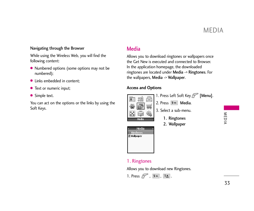 LG Electronics 210 manual Media, Ringtones 