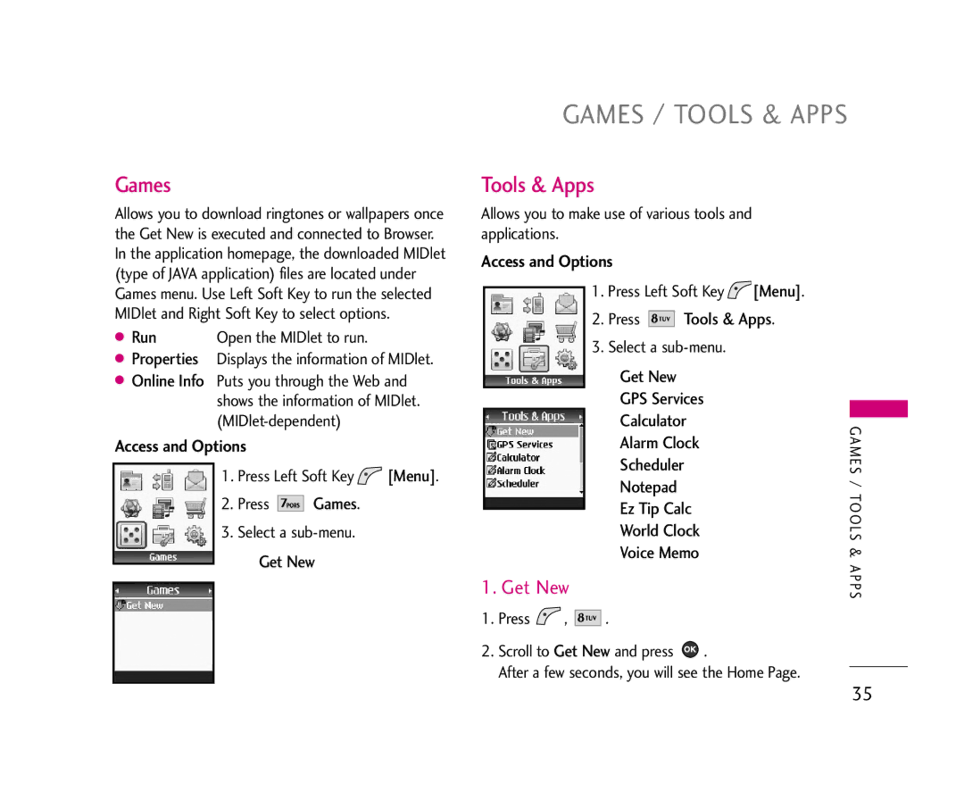 LG Electronics 210 manual Games / Tools & Apps, Get New 