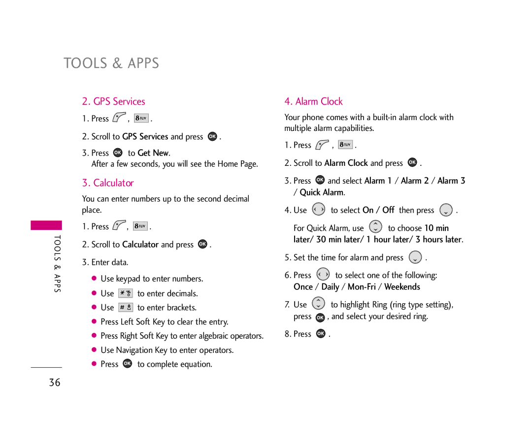 LG Electronics 210 manual Tools & Apps, GPS Services, Calculator, Alarm Clock 